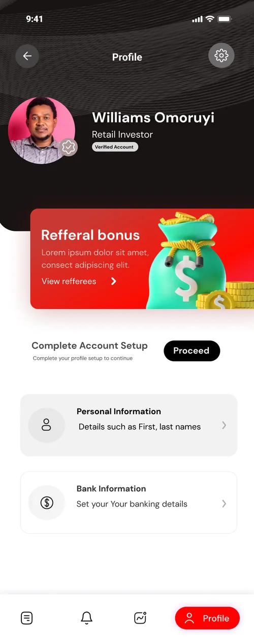 Investor profile & referral app built by Kemafy
